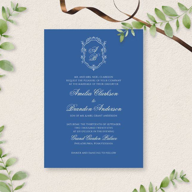 Formal Blue Leaf Monogram Crest & Script Wedding Invitation (Creator Uploaded)