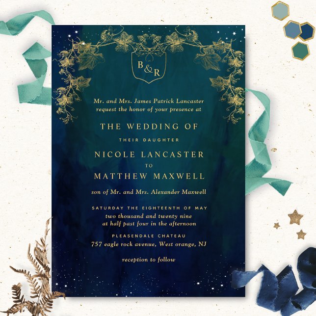 Formal Blue, Navy Green Celestial Monogram Wedding Invitation (Creator Uploaded)