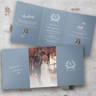 Formal Blue Photo QR Code RSVP Wedding Details Tri-Fold Card