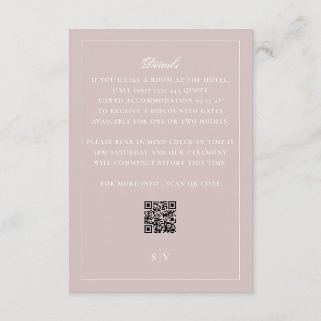 Formal Blush Pink QR Code Wedding Details Enclosure Card (Front)
