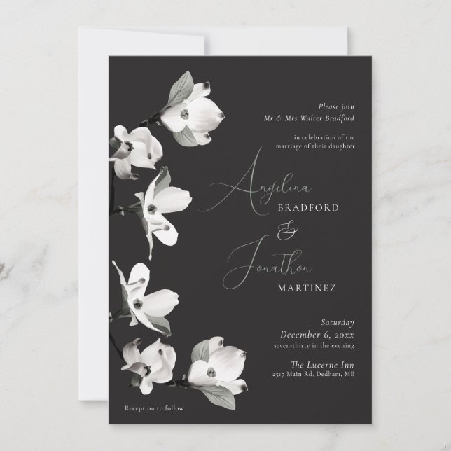 Formal Botanicial Dogwood Black White Sage Invitat Invitation (Front)