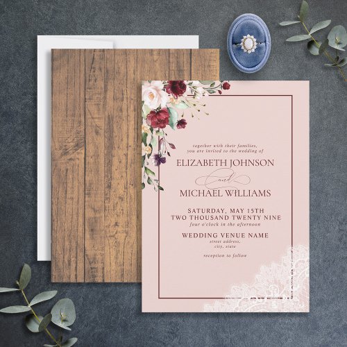 Formal Burgundy Blush Botanical Rustic Wedding Invitation