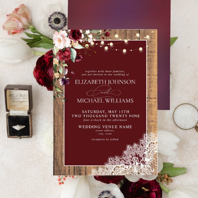 Formal Burgundy Blush Wood Lace Script Wedding Invitation (Creator Uploaded)