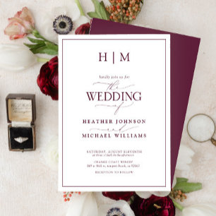 Formal Burgundy Monogram Calligraphy Wedding Invitation