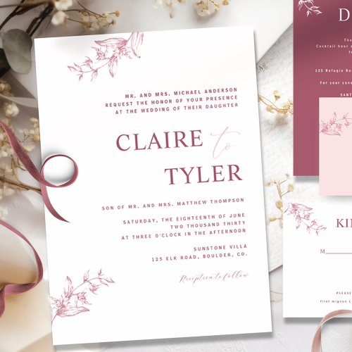 Formal Burgundy Pink Modern Typography Wedding Invitation