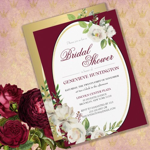 Formal Burgundy Red Floral Gold Bridal Shower Invitation