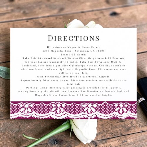 Formal Burgundy Wedding Directions Card with Lace