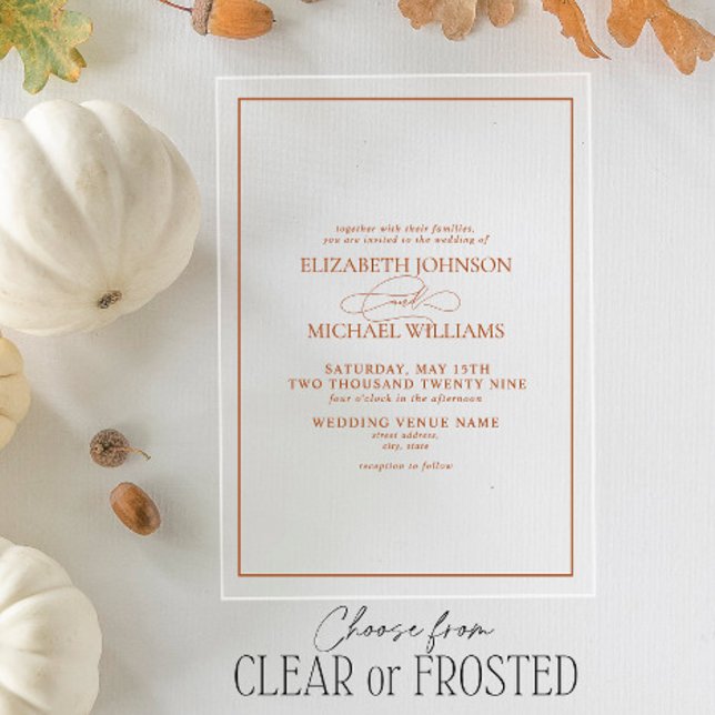 Formal Burnt Orange Classic Script Wedding Acrylic Invitations (Creator Uploaded)