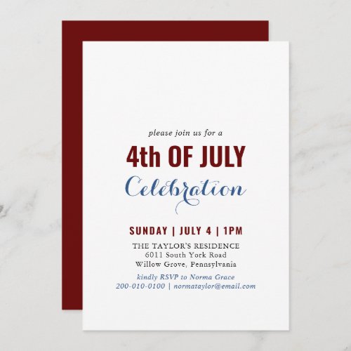 Formal Calligraphy 4th of July Celebration Invitation