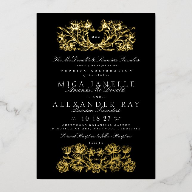 Formal Calligraphy art nouveau black & White Gold Foil Invitation (Front)