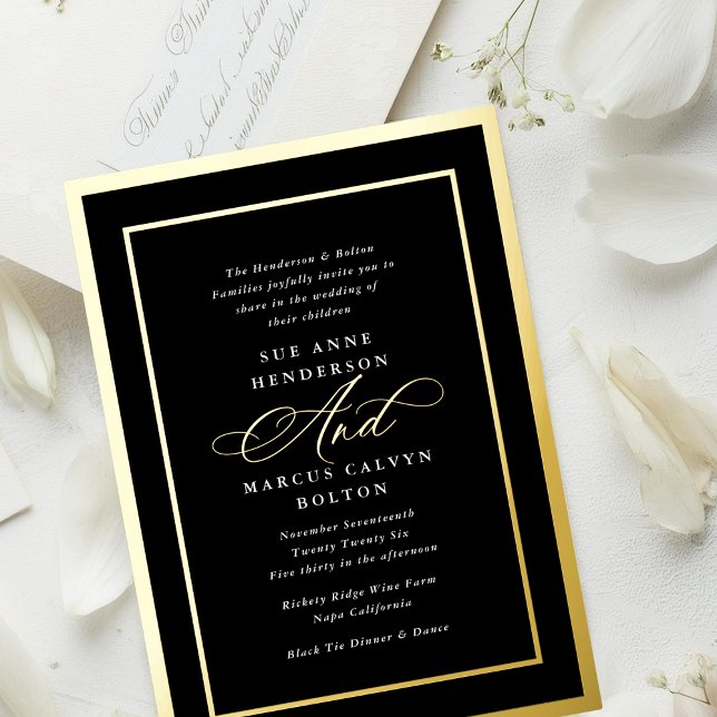 Formal Calligraphy Black & White Frames Wedding Foil Invitation (Creator Uploaded)