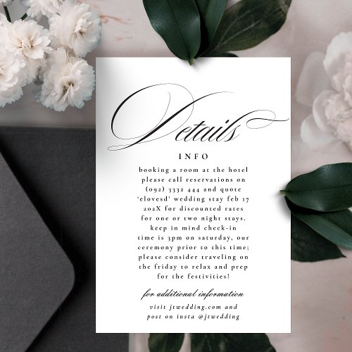 Formal Calligraphy Black White Wedding Details Enclosure Card