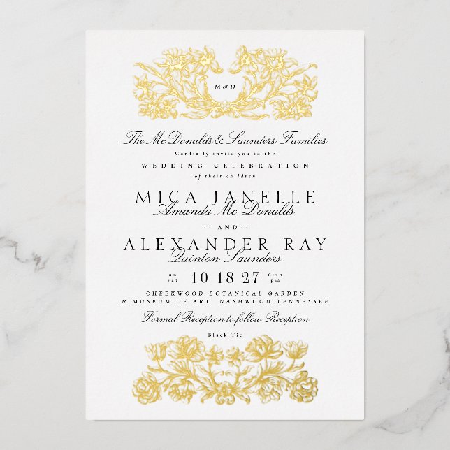 Formal Calligraphy Elegant White Gold Foil Foil Invitation (Front)