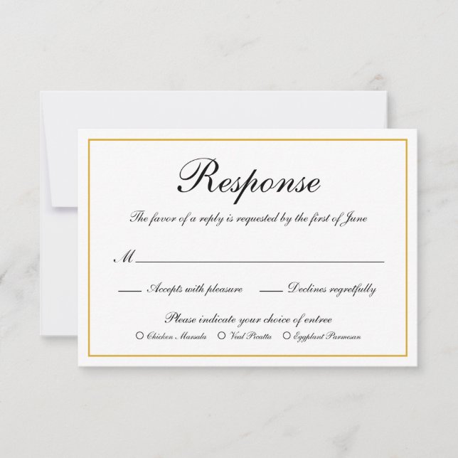 Formal Calligraphy Gold Border Meal Choice Wedding RSVP Card (Front)