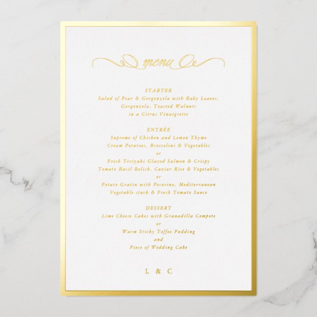 Formal Calligraphy Gold Foil Frame Wedding Menu Invitation (Front)