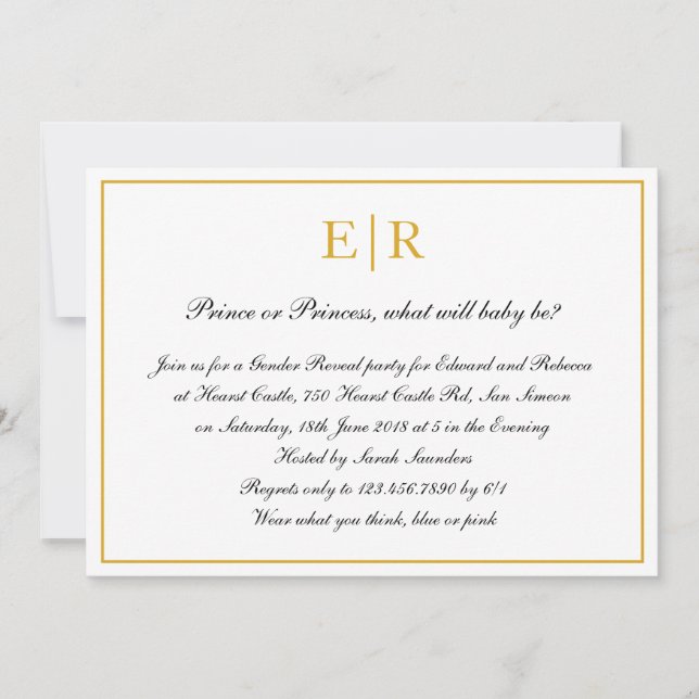 Formal Calligraphy Gold Monogram Gender Reveal Invitation (Front)