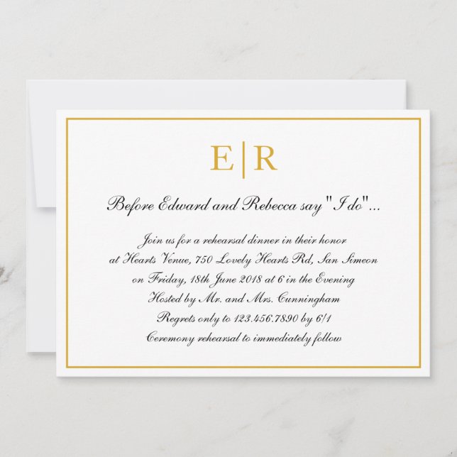 Formal Calligraphy Gold Monogram Rehearsal Dinner Invitation (Front)