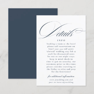 Formal Calligraphy Navy Blue White Wedding Details Enclosure Card