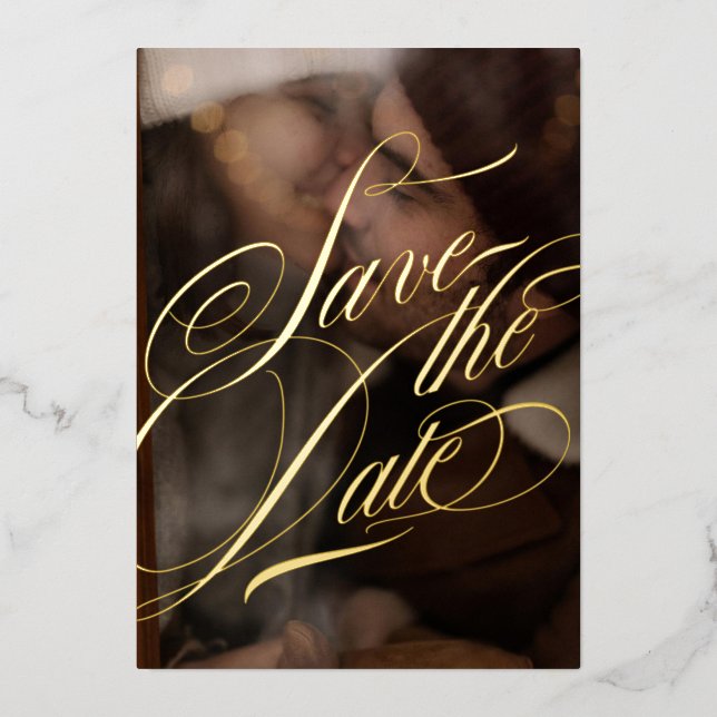 Formal Calligraphy Photo Black and Real Gold Foil Invitation (Front)