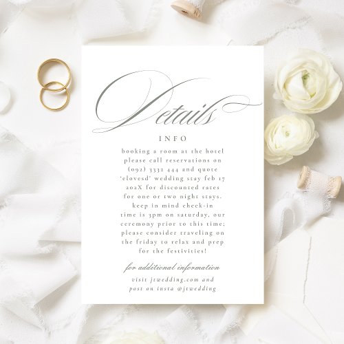 Formal Calligraphy Sage Green Wedding Details Enclosure Card