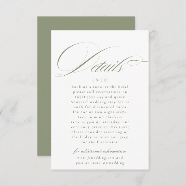 Formal Calligraphy Sage Green Wedding Details Enclosure Card (Front/Back)