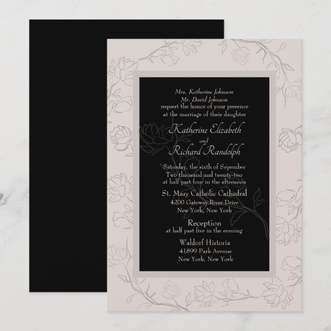 Formal Champagne & Black Jasmine Wedding Invitation (Front/Back)