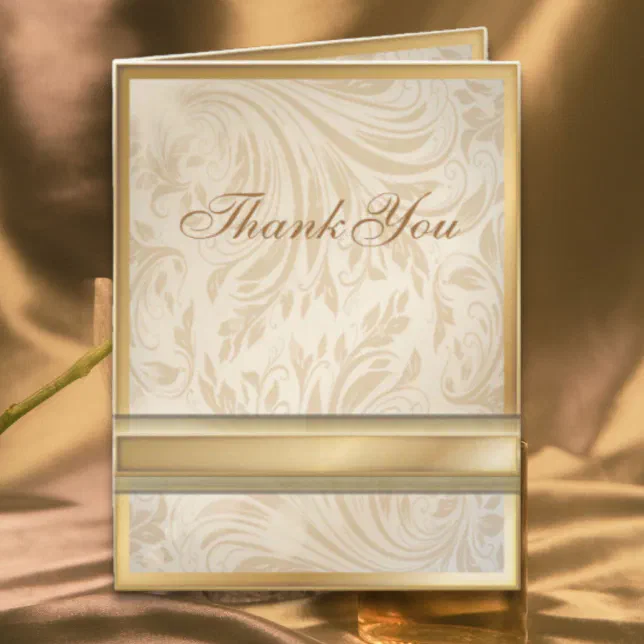 Formal champagne gold Damask Wedding Thank You Card | Zazzle