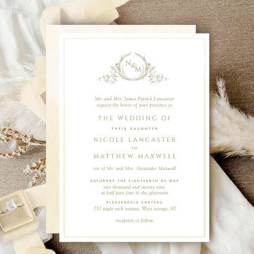 Formal Champagne Monogram Watercolor Wedding Invitation