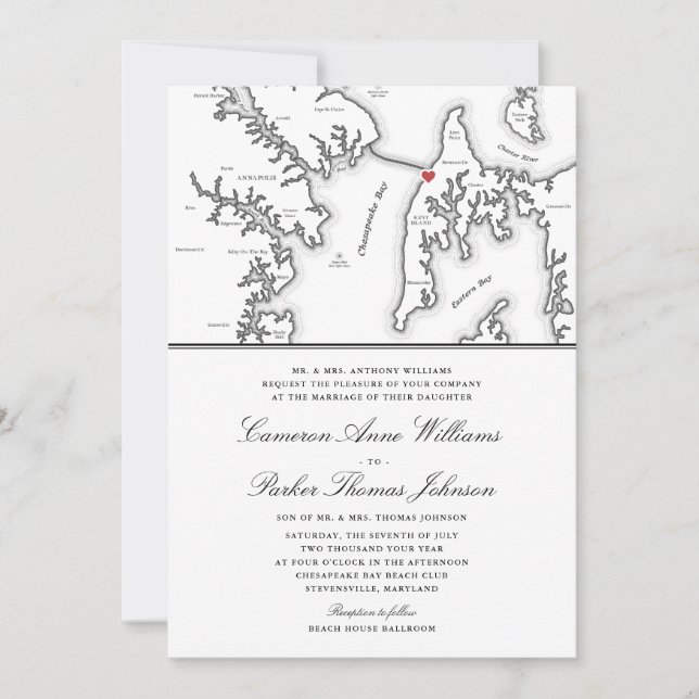 Formal Chesapeake Bay Beach Club MD Map Wedding Invitation (Front)