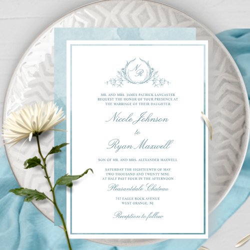 Formal Chic Monogram Sea Glass Watercolor Wedding Invitation