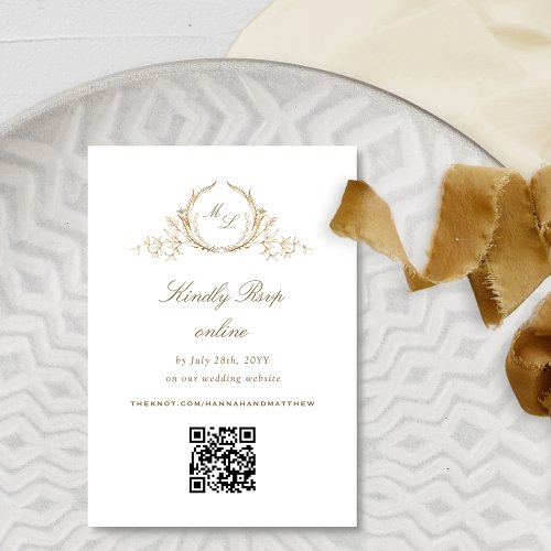 Formal Chic White and Gold Monogram QR Code RSVP Enclosure Card