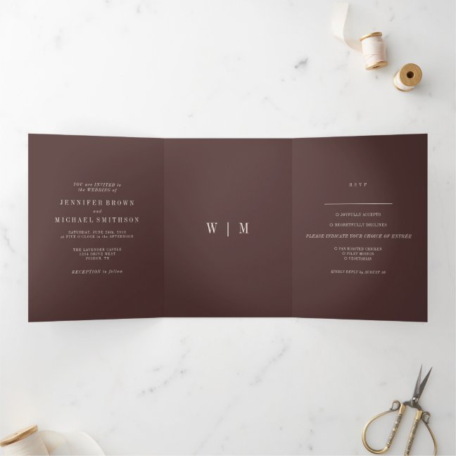 Formal Chocolate brown Trend Color Modern Wedding Tri-Fold Card