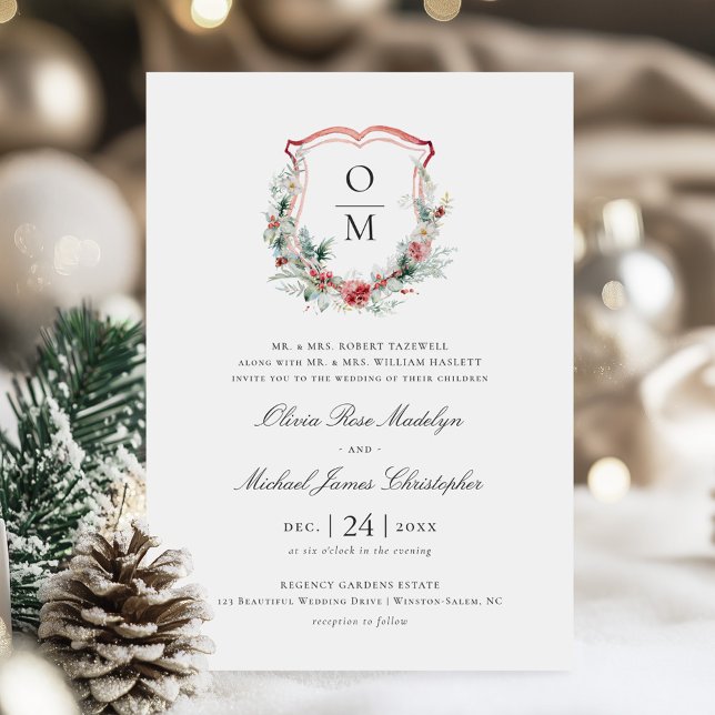 Formal Christmas Floral Crest Monogram Wedding Invitation (Creator Uploaded)