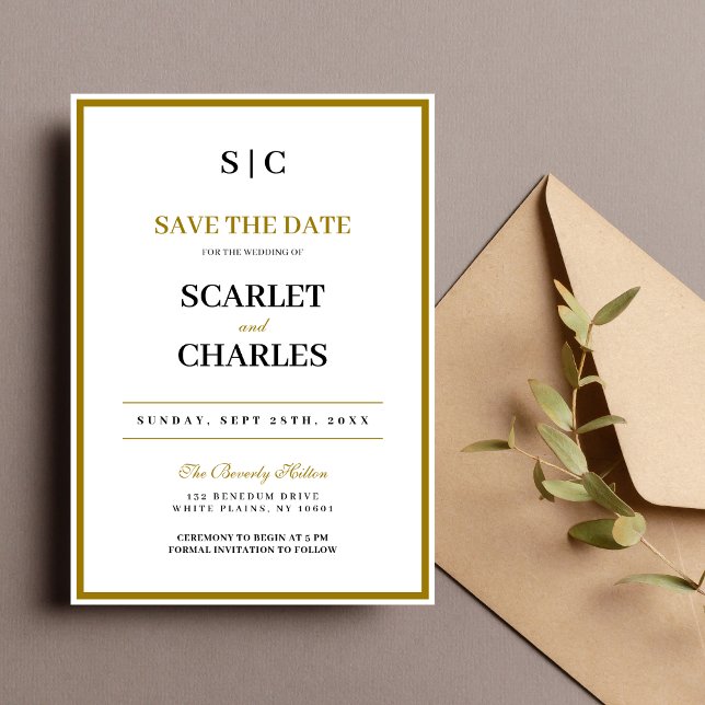 Formal Classic Black Gold Monogram Wedding Save The Date (Formal black and gold monogram save the date sets an elegant tone for your wedding.)