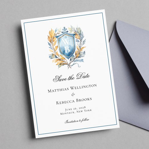 Formal Classic Blue Crest Monogram Wedding Photo Save The Date