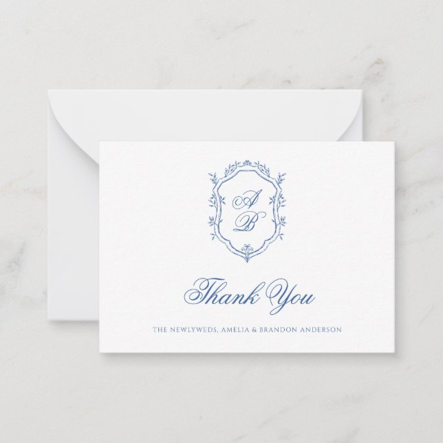 Formal Classic Blue Floral Monogram Crest Wedding Note Card (Front)