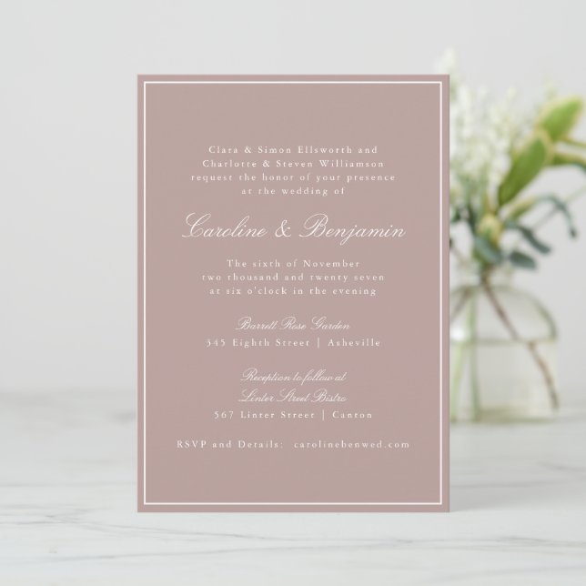 Formal Classic Border Script Dusty Mauve Wedding Invitation (Standing Front)