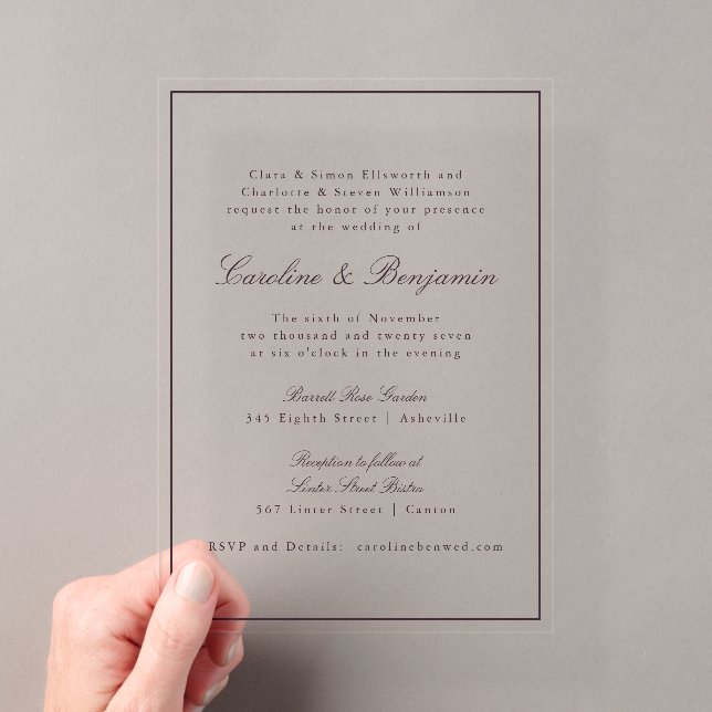 Formal Classic Border Script Elegant Wedding Plum Acrylic Invitations (Insitu (Handheld))