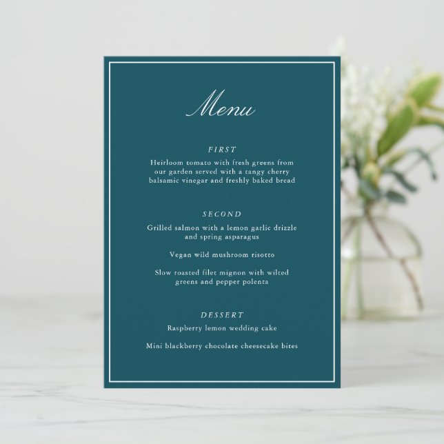 Formal Classic Border Teal Script Elegant Wedding Menu (Standing Front)