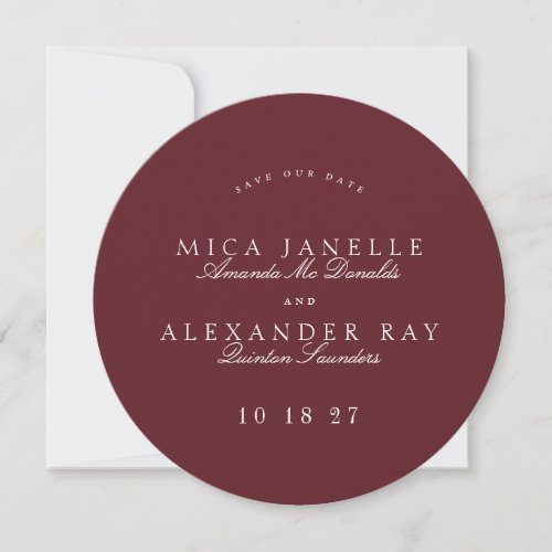 Formal Classic Burgundy Calligraphy Round Photo Save The Date