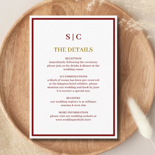 Formal Classic Burgundy & Gold Monogram Wedding Enclosure Card (Burgundy and gold monogram enclosure card keeps wedding details elegant and well organized.)