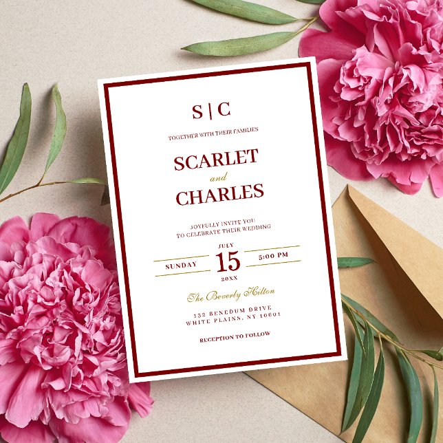 Formal Classic Burgundy & Gold Monogram Wedding Invitation (Burgundy and gold monogram wedding invitation sets a refined tone for your special day.)