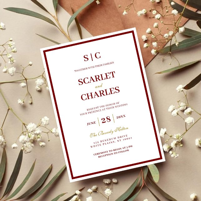 Formal Classic Burgundy & Gold Monogram Wedding Invitation (Burgundy and gold monogram wedding invitation sets a refined tone for your elegant celebration.)