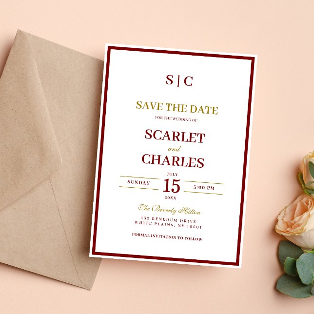Formal Classic Burgundy & Gold Monogram Wedding Save The Date (Burgundy and gold monogram save the date announces your wedding with elegant, personalized charm.)
