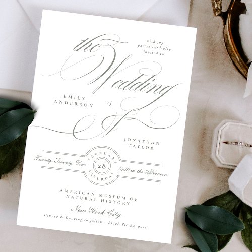 Formal Classic Calligraphy Gray Green Wedding Invitation