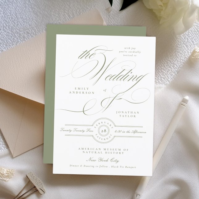Formal Classic Calligraphy Sage Green Wedding Invitation (Creator Uploaded)