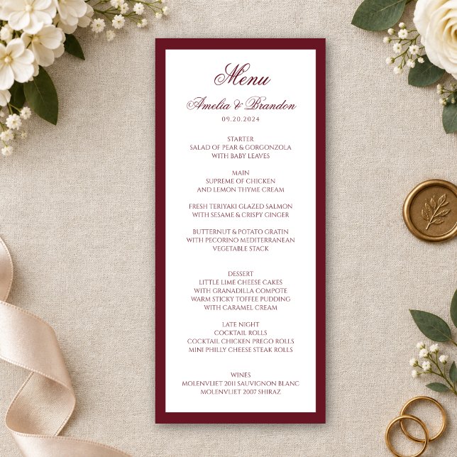 Formal Classic Deep Burgundy Border Script Wedding Menu (Creator Uploaded)