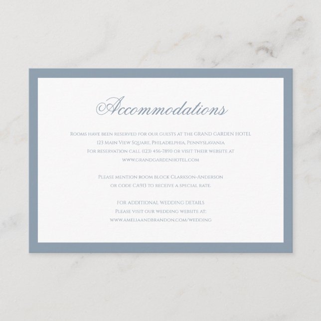Formal Classic Dusty Blue Wedding Accommodation Enclosure Card (Front)