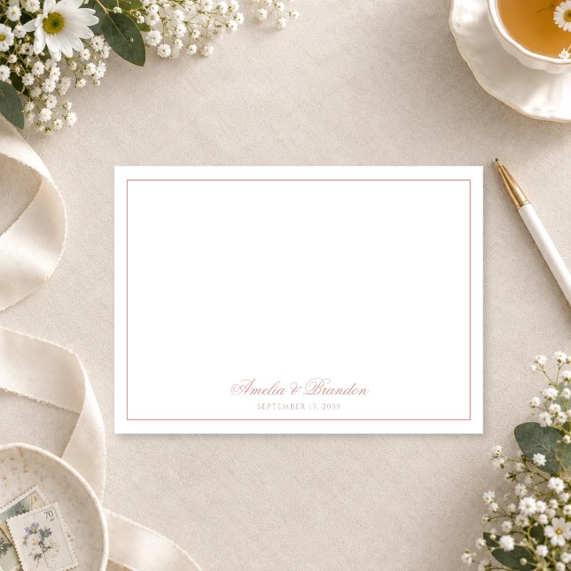 Formal Classic Dusty Rose Border Script Wedding Note Card (Creator Uploaded)