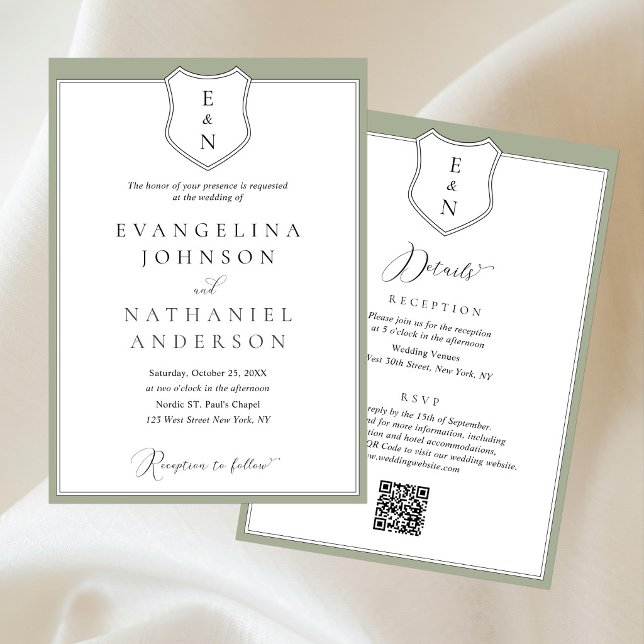Formal Classic Elegant Crest Script Green Wedding Invitation (Creator Uploaded)